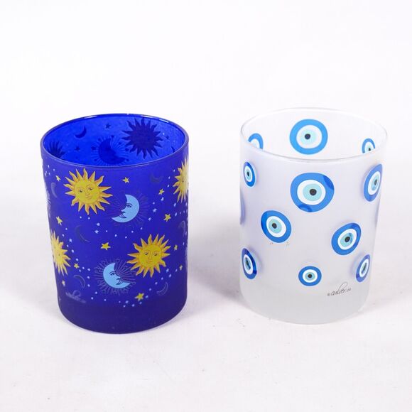 Celestial Sun Moon Stars Evil Eye Glass Candle Holder Cup Stand x2 Cobalt Blue - Picture 3 of 8